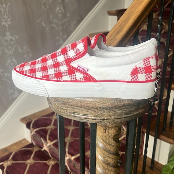 Mudd Womens  10 Poppy-197L Slip On Flats Checkered Comfort White Red Canvas - Picture 8 of 8